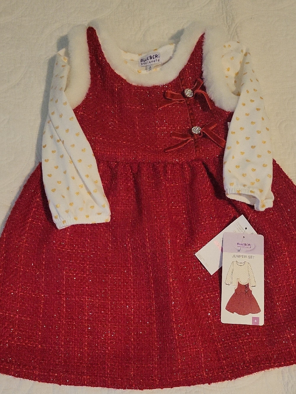 Blueberi Boulevard Red Tweed Dress Set with Cream Heart Top